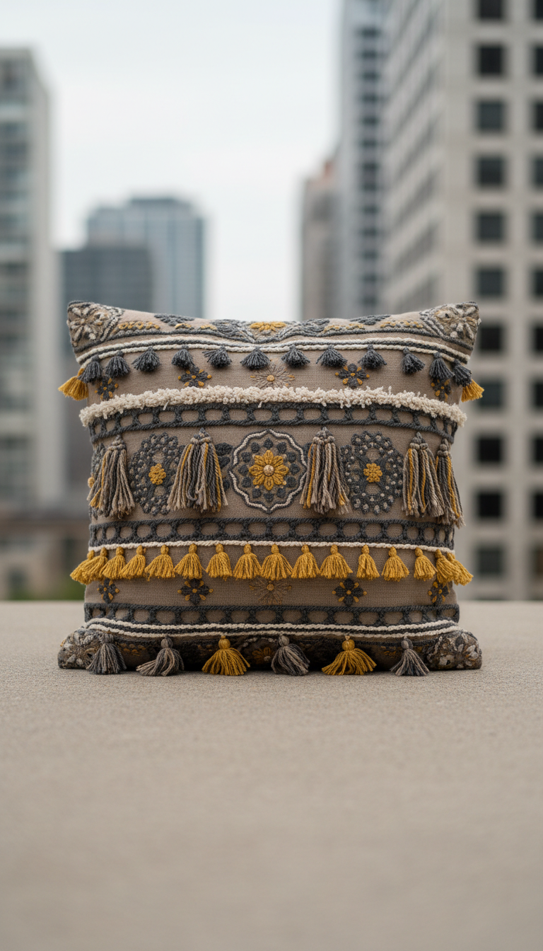 Coussin bohème taupe et moutarde