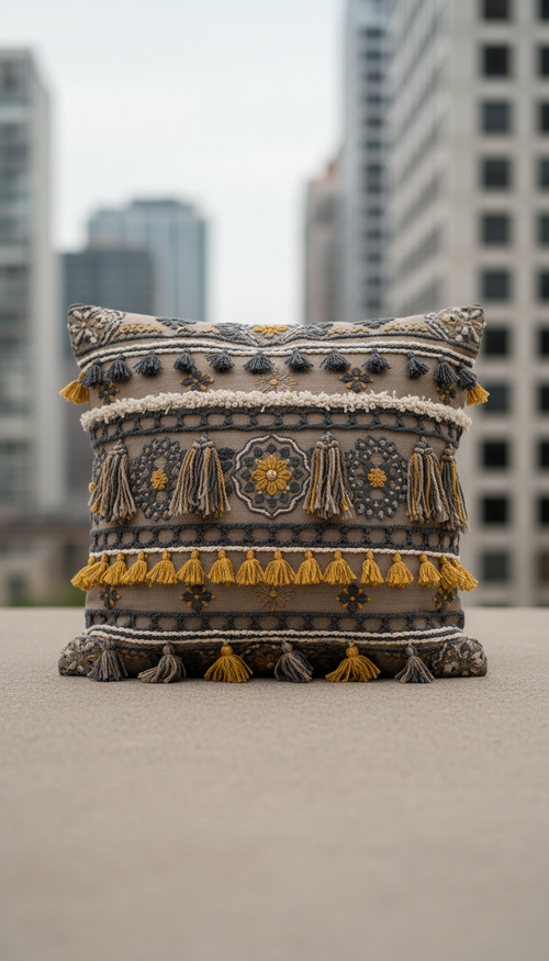 Coussin bohème taupe et moutarde